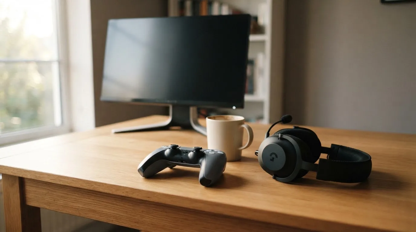 Ein Gamepad und ein Headset liegen auf einem Schreibtisch neben einer Tasse, der Bildschirm im Hintergrund ist ausgeschaltet.
