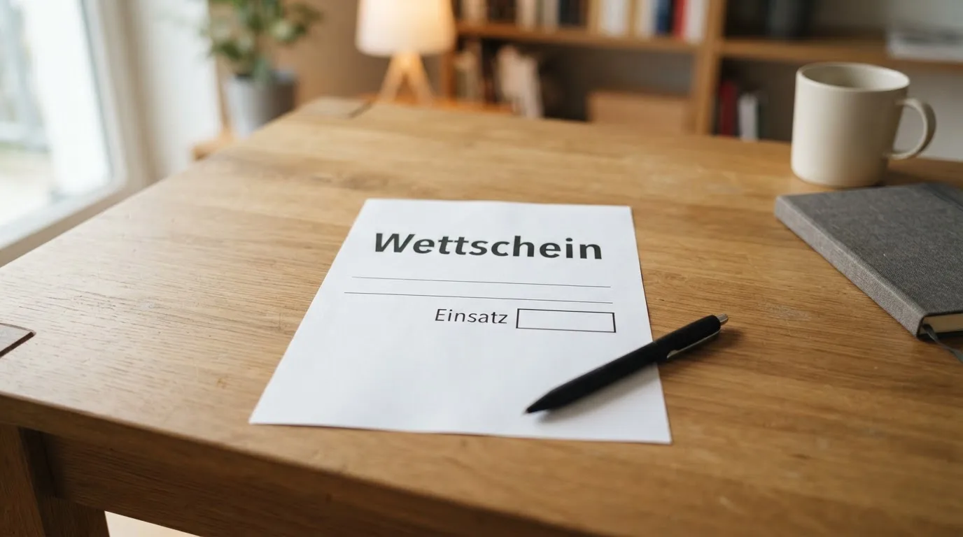 Ein leerer Papierwettschein und ein Kugelschreiber liegen auf einem aufgeräumten Schreibtisch, weiches Licht von einem Fenster.