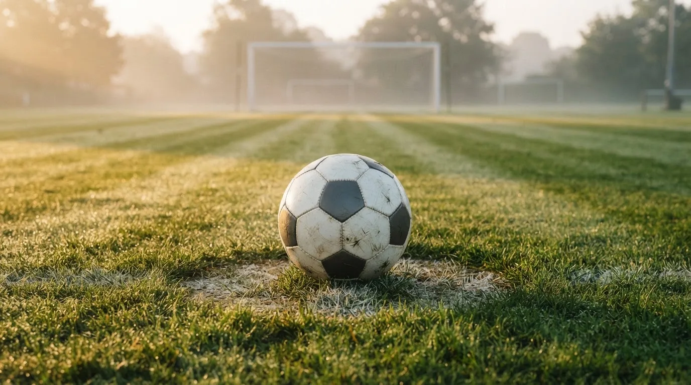 Ein Fußball liegt auf dem Elfmeterpunkt eines leeren Rasenplatzes, im Hintergrund unscharf ein Tor im Morgendunst.