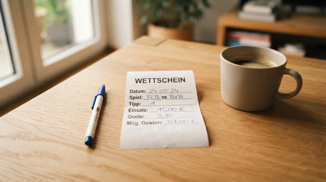 Ein leerer Wettschein aus Papier liegt neben einem Kugelschreiber und einer Tasse auf einem hellen Holztisch.