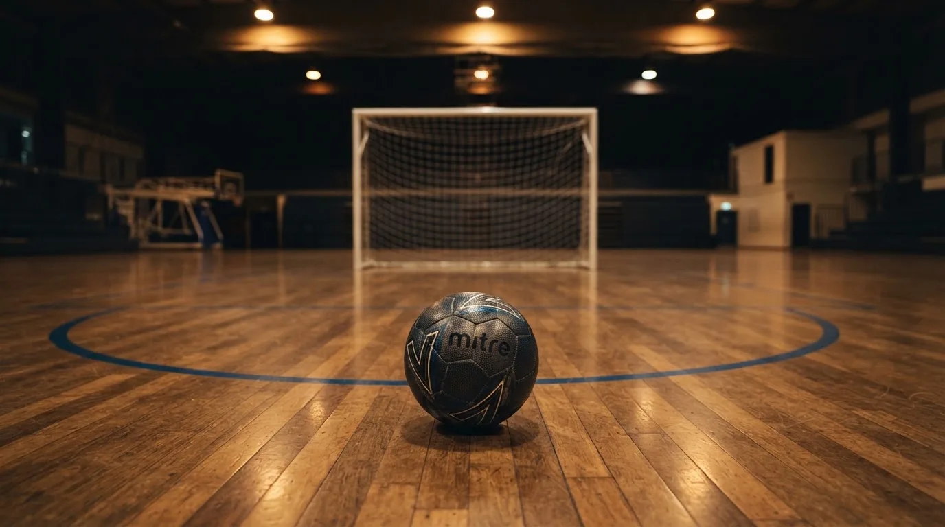 Ein kleiner schwerer Ball liegt in einer Halle auf dem Parkett vor einem Tor, warmes Licht aus den Deckenstrahlern.