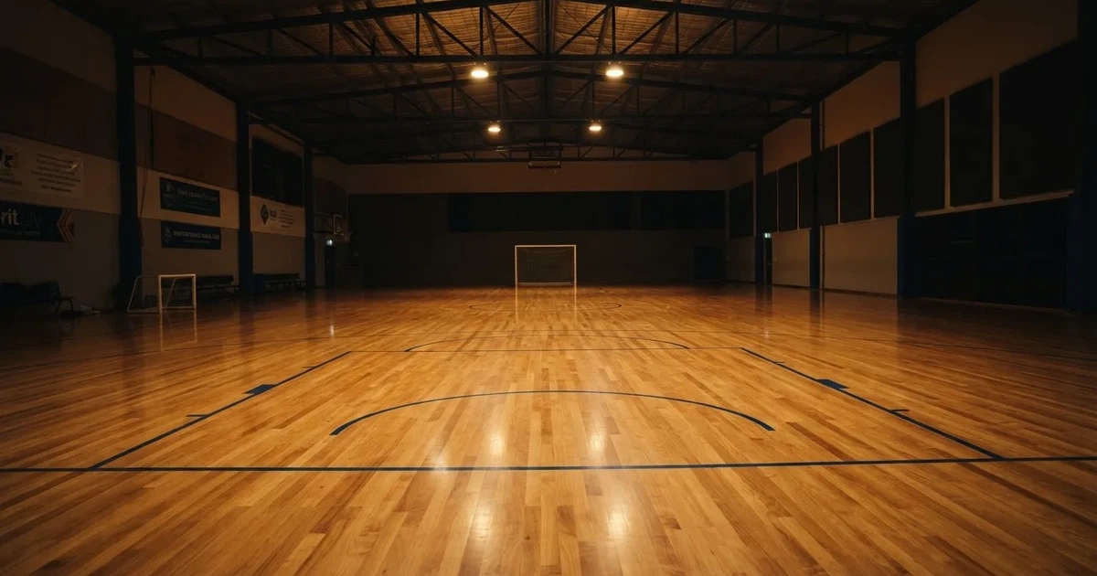 Eine leere Sporthalle mit hellem Hallenboden, kleinen Toren an beiden Enden und blauen Linien, Licht fällt von oben.