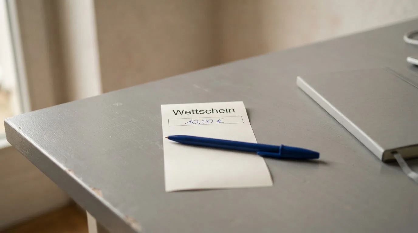 Ein leerer Papierwettschein und ein Kugelschreiber liegen auf einer glatten Schreibtischplatte neben einem Notizbuch.