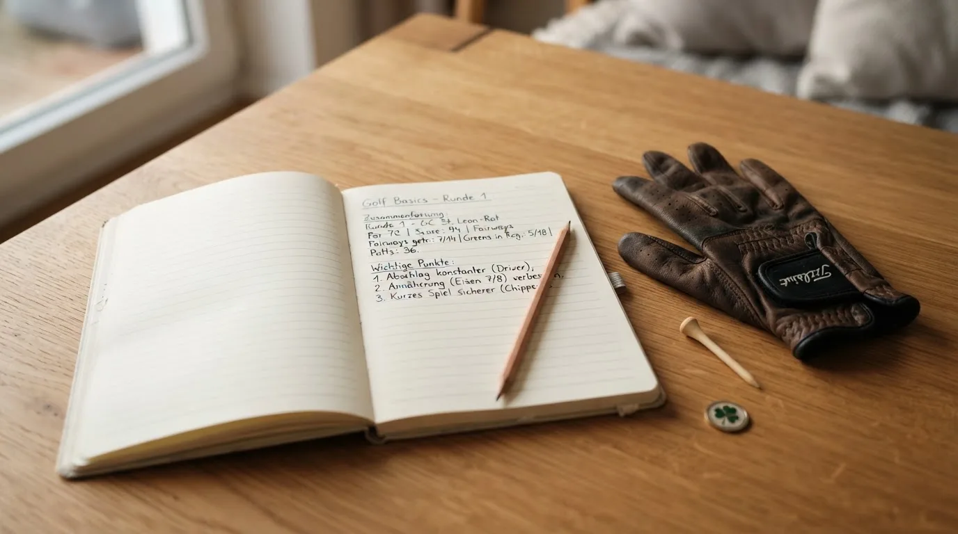 Ein Notizbuch mit handschriftlichen Notizen und ein Bleistift liegen neben einem Golfhandschuh und einem Tee auf einem Holztisch.