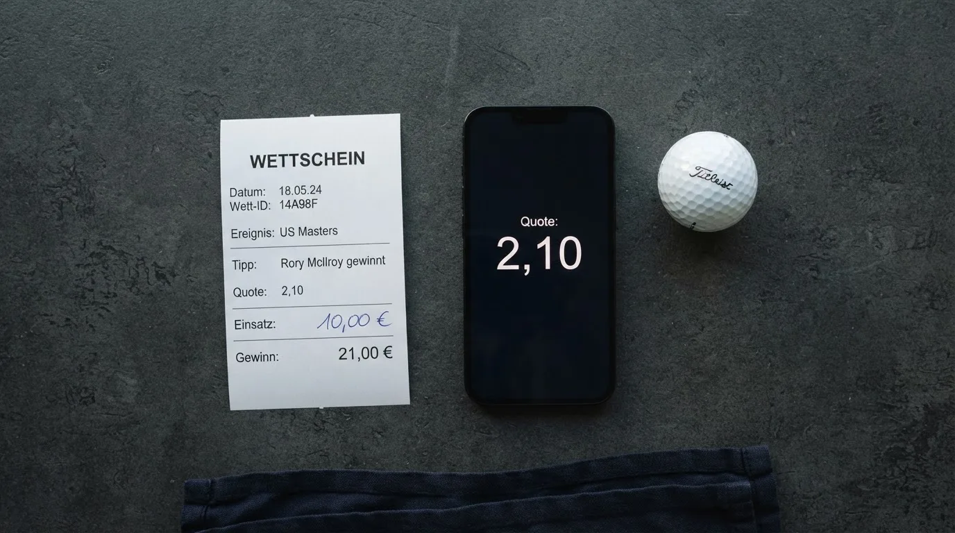 Ein leerer Wettschein aus Papier liegt neben einem Smartphone mit dunklem Display auf einem Tisch, daneben ein einzelner Golfball.