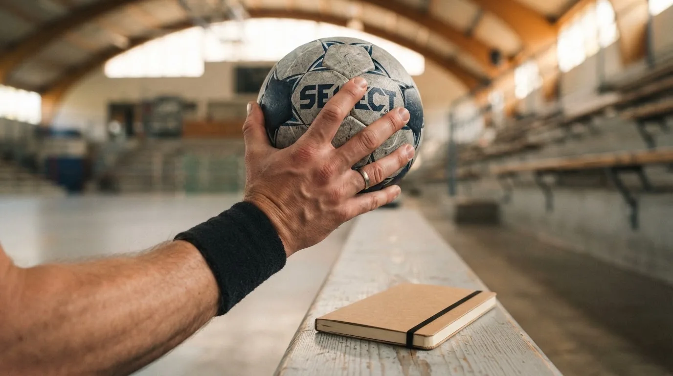 Eine Hand hält einen Handball, im Hintergrund eine unscharfe Tribüne, daneben liegt ein Notizblock auf einer Bank.