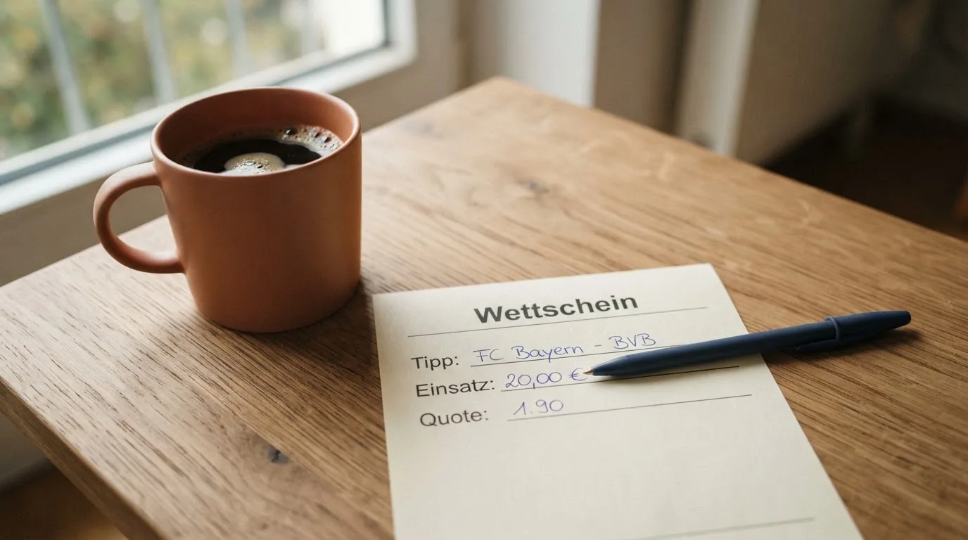 Ein leerer Wettschein aus Papier und ein Kugelschreiber liegen auf einem Schreibtisch neben einer Tasse Kaffee im Tageslicht.