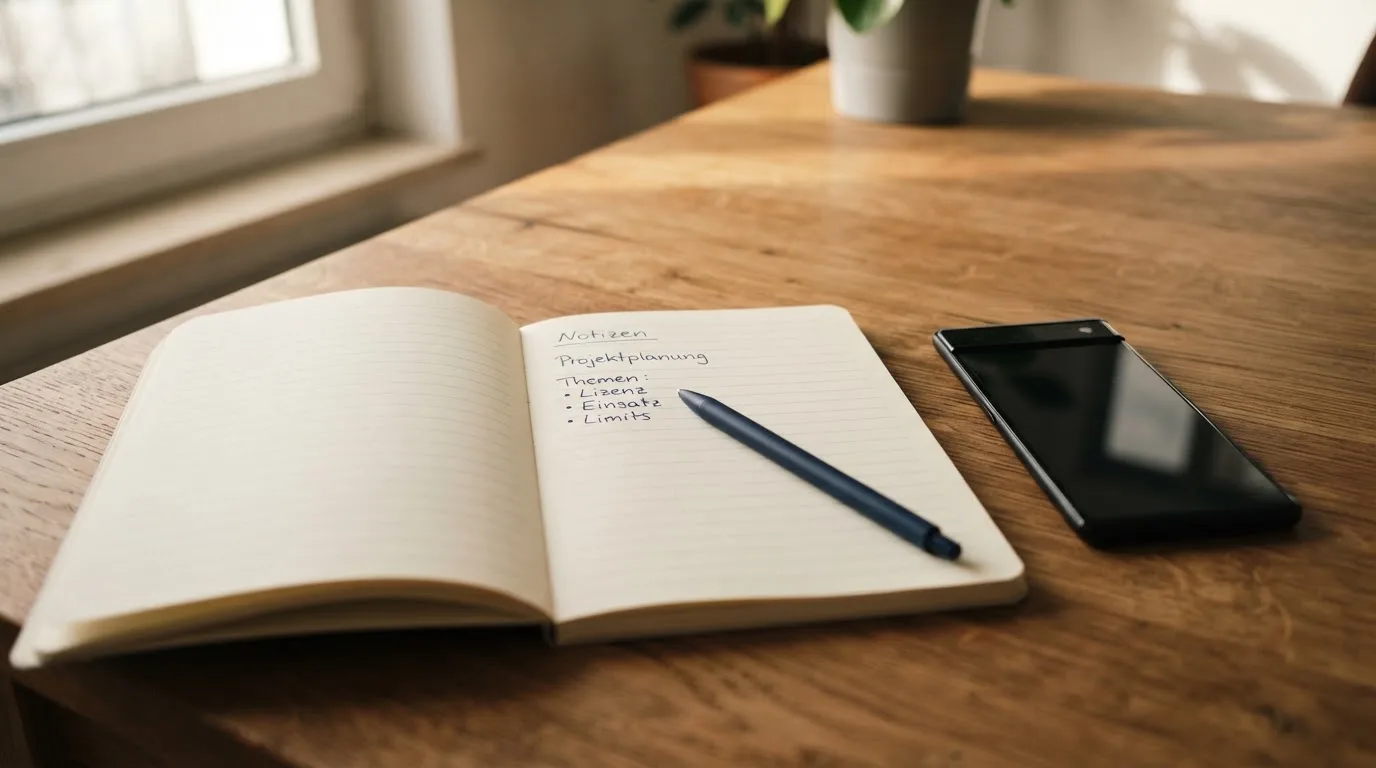 Ein Notizbuch mit handschriftlichen Notizen und ein Stift liegen auf einem Holztisch neben einem Smartphone mit dunklem Bildschirm.