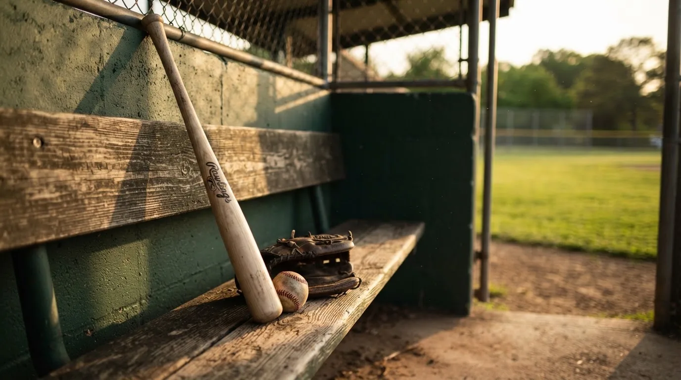 Ein Baseballschläger lehnt an einer Bank im Dugout, daneben liegen ein Handschuh und ein Ball im Licht der Nachmittagssonne.