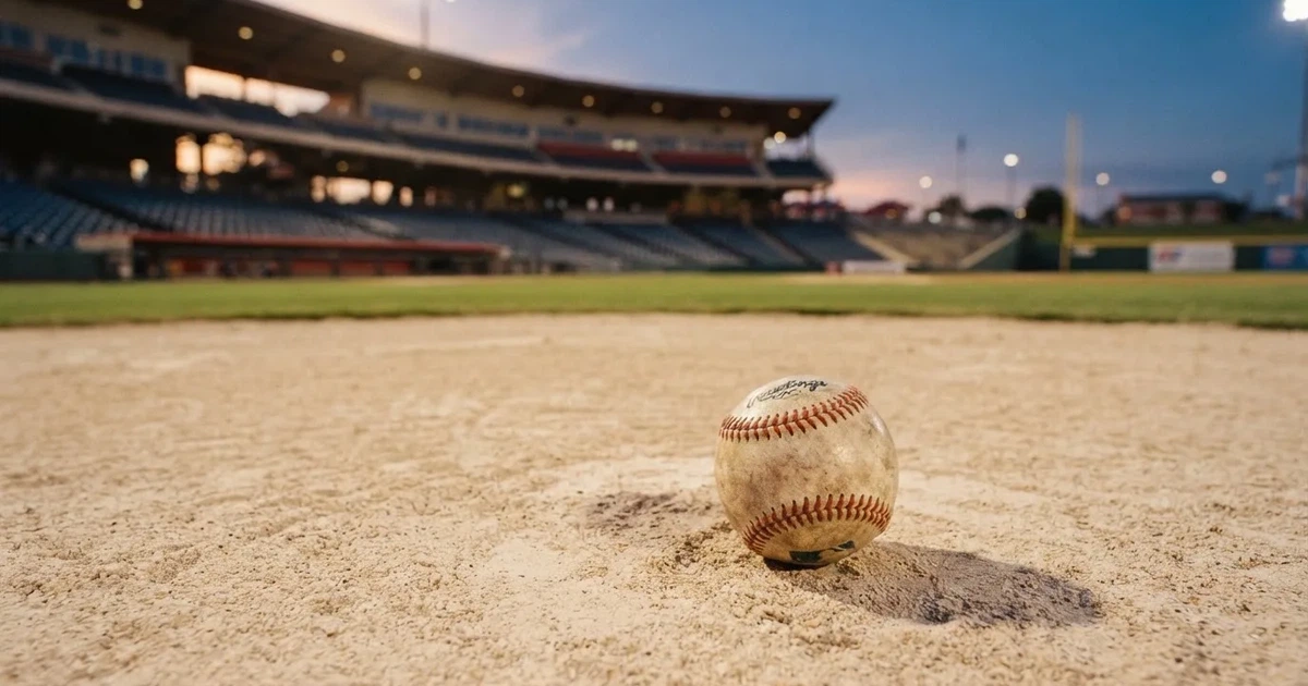 Ein Baseball liegt auf dem hellen Sand des Infields, im Hintergrund eine große Tribüne in der Abenddämmerung.