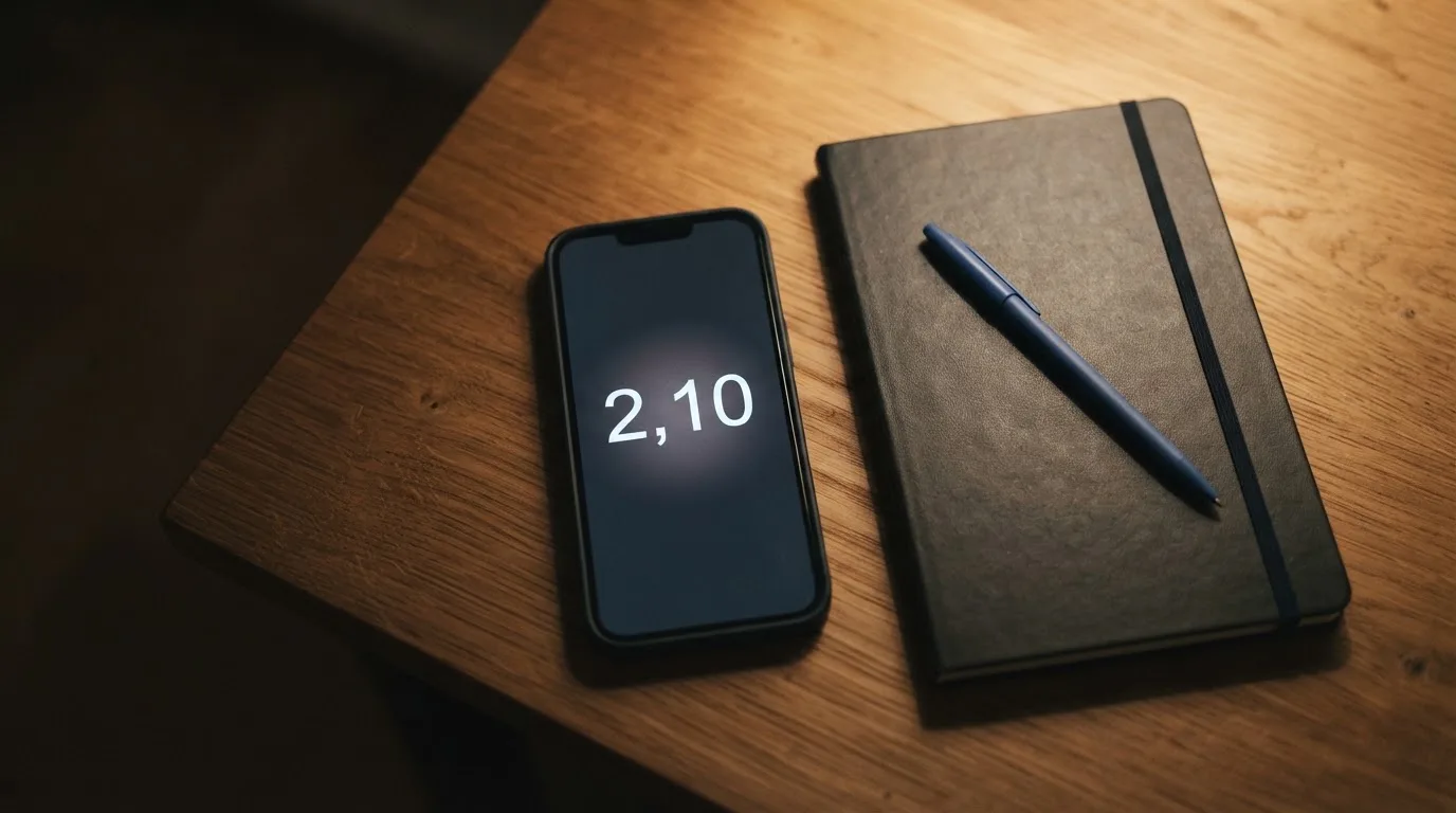 Ein Smartphone mit dunklem Display liegt neben einem Notizbuch und einem Kugelschreiber auf einem Tisch.