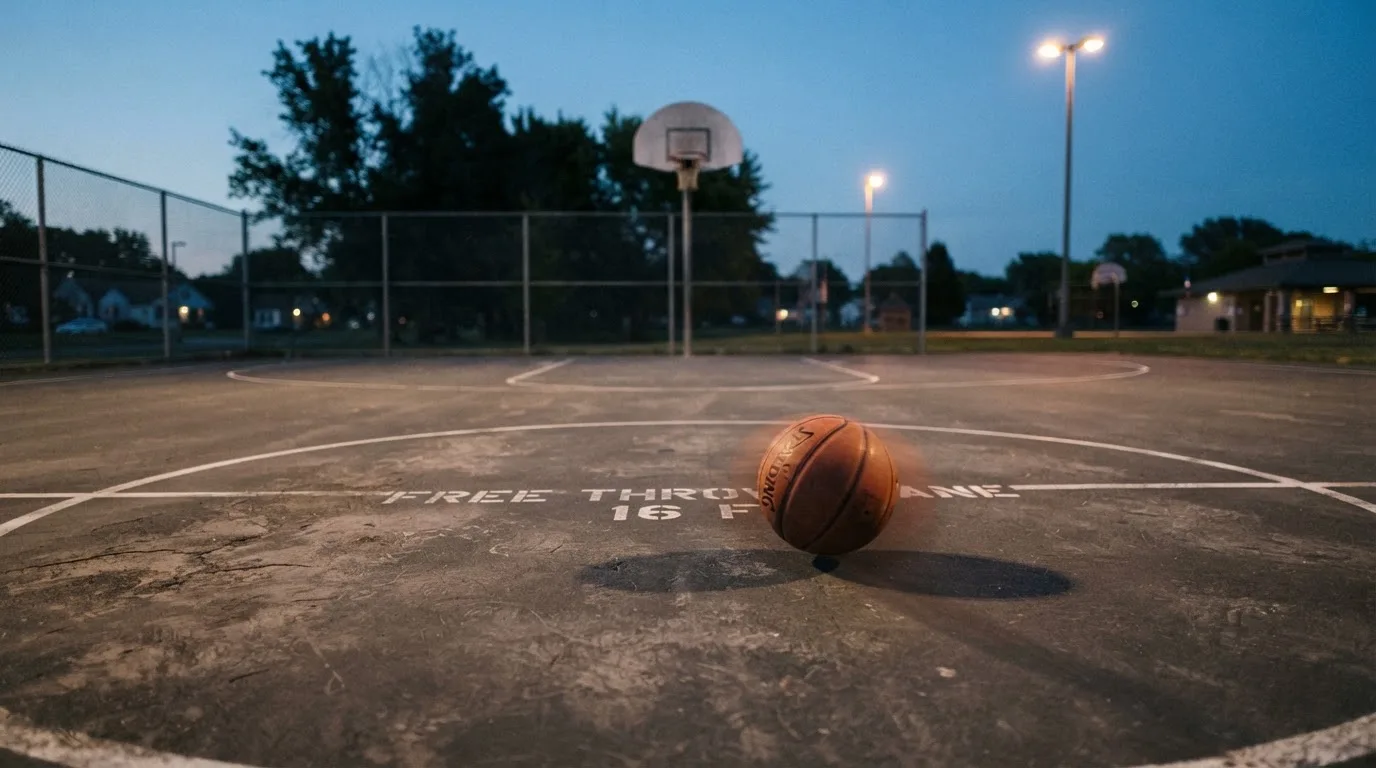 Ein Basketball rollt auf einem Freiluftplatz in der Abenddämmerung zu einem Korb, die Straßenlaternen leuchten bereits.