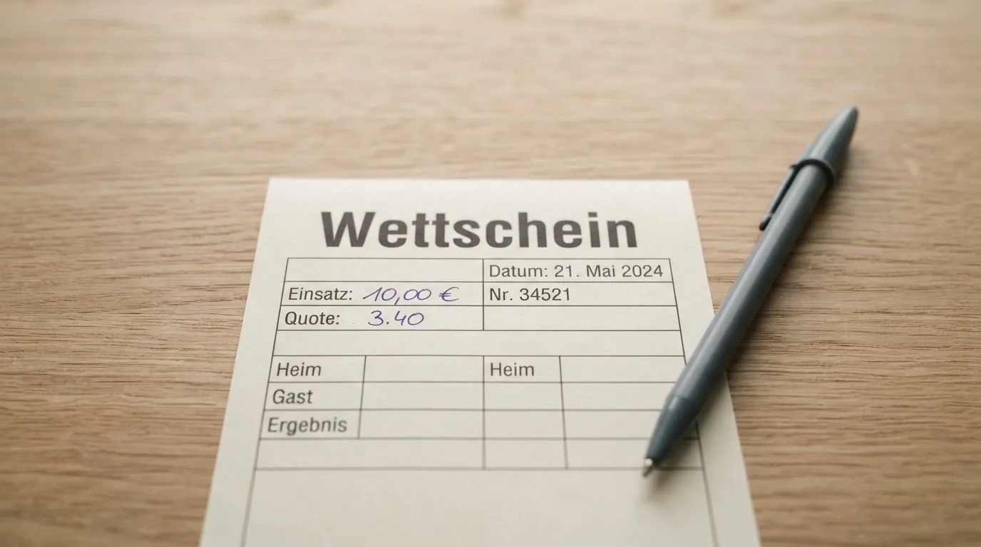 Ein leerer Wettschein aus Papier liegt neben einem Kugelschreiber auf einem Schreibtisch im Tageslicht.
