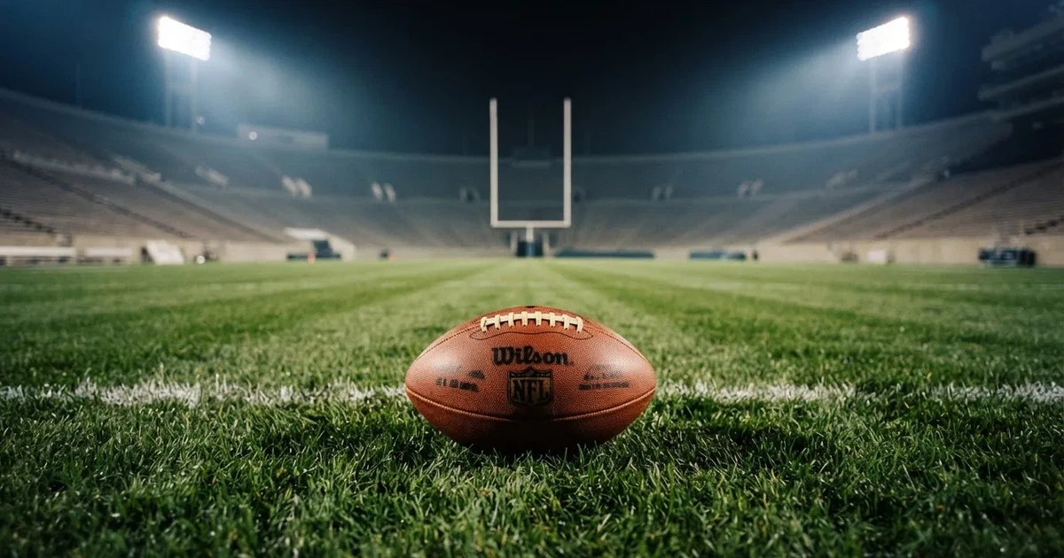 Ein American Football liegt auf dem Rasen eines leeren Stadions unter Flutlicht, die Torstangen ragen im Hintergrund auf.