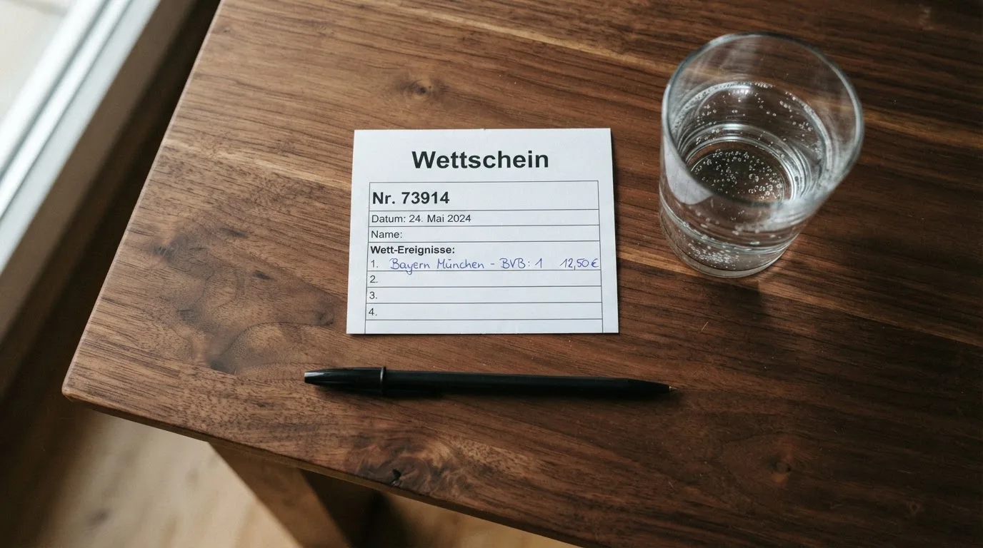 Ein leerer Wettschein aus Papier liegt neben einem Stift auf einem Tisch, daneben ein Glas Wasser.