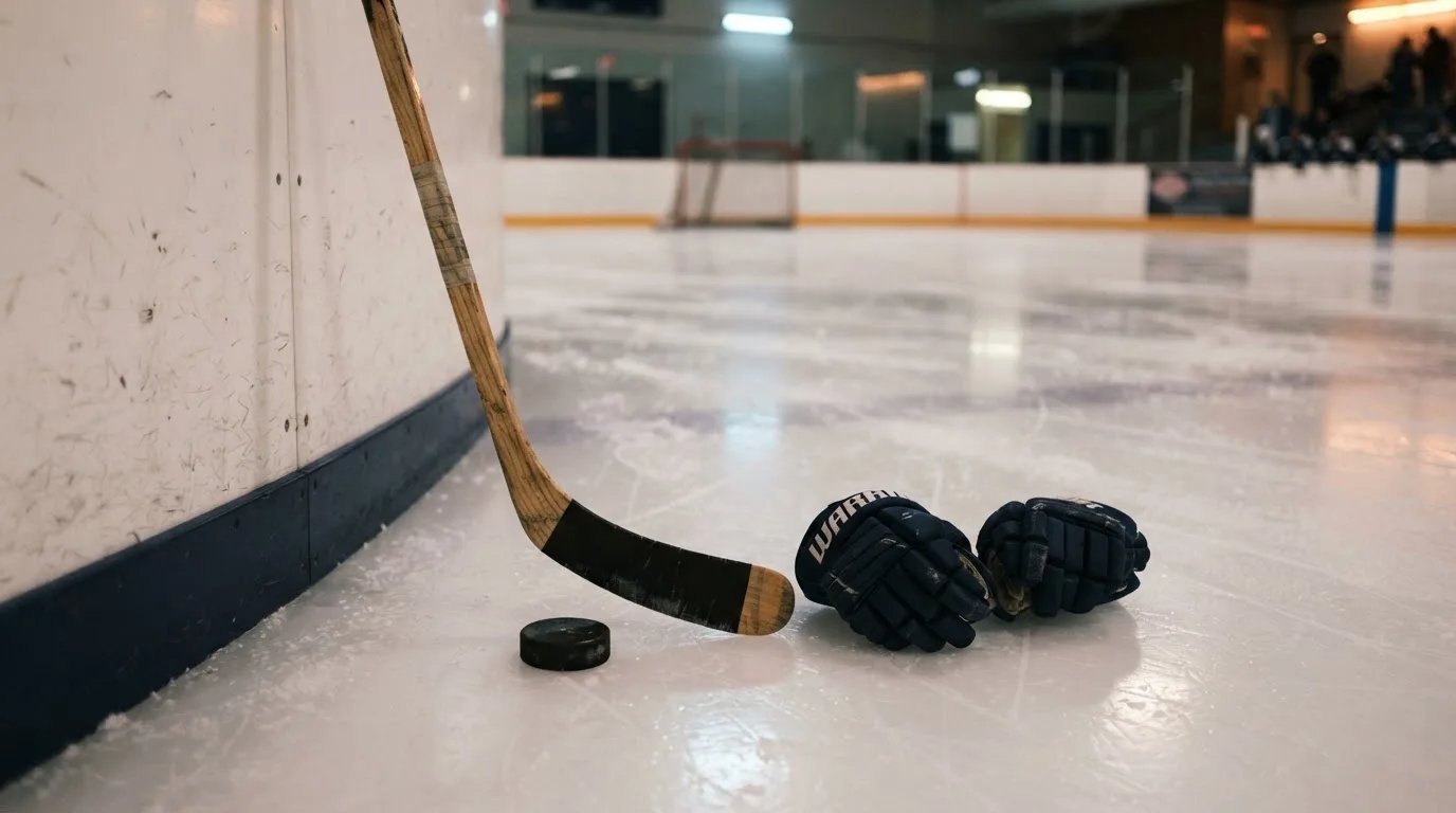 Ein Eishockeyschläger lehnt an einer Bande, daneben liegen ein Puck und ein Paar Handschuhe in einer Eishalle.