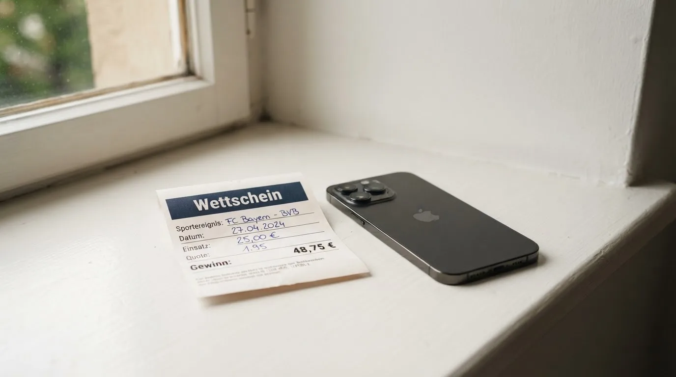 Ein leerer Wettschein aus Papier und ein Smartphone mit dunklem Display liegen auf einer Fensterbank im Tageslicht.
