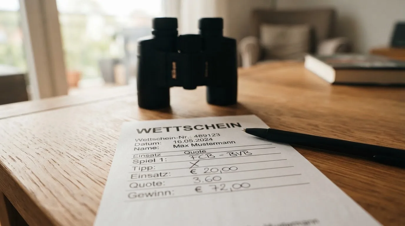 Ein leerer Wettschein aus Papier und ein Kugelschreiber liegen auf einem Holztisch neben einem Fernglas.