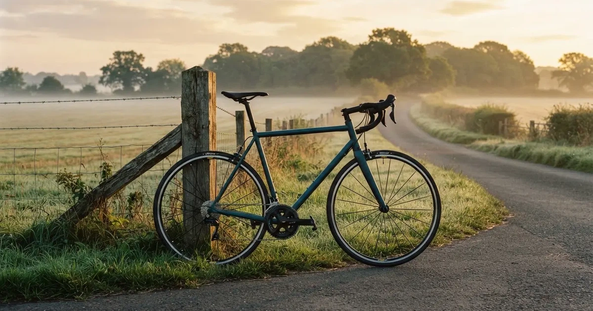 Eine Landstraße zwischen Feldern im Morgenlicht, am Straßenrand lehnt ein Rennrad ohne Aufschrift an einem Pfosten.