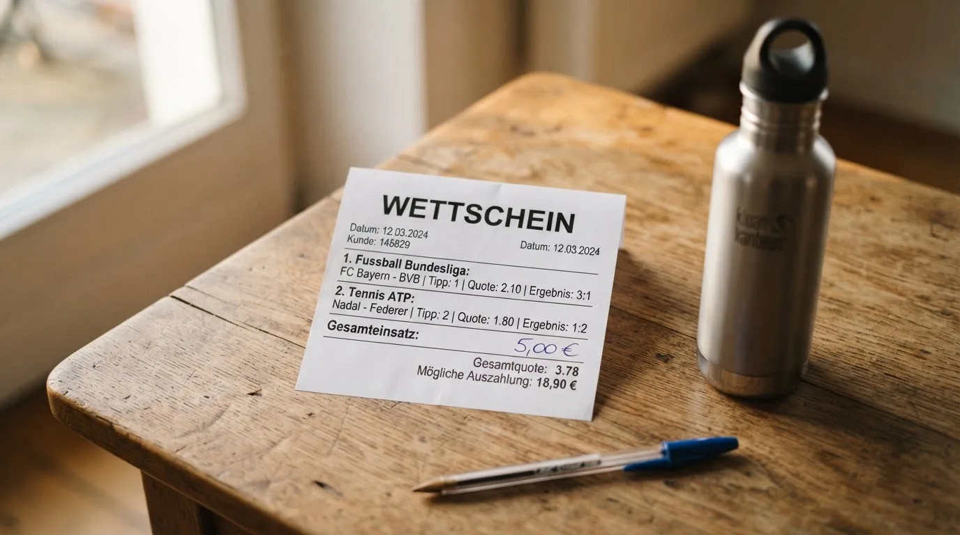 Ein leerer Wettschein aus Papier liegt neben einer Trinkflasche und einem Stift auf einem Tisch.