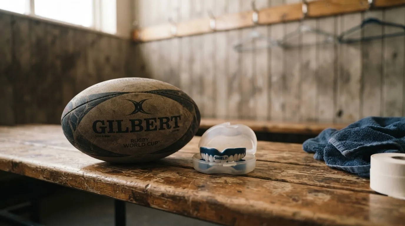 Ein Rugbyball und ein Mundschutz liegen auf einer Holzbank neben einer Reihe Kleiderhaken in einer Umkleide.