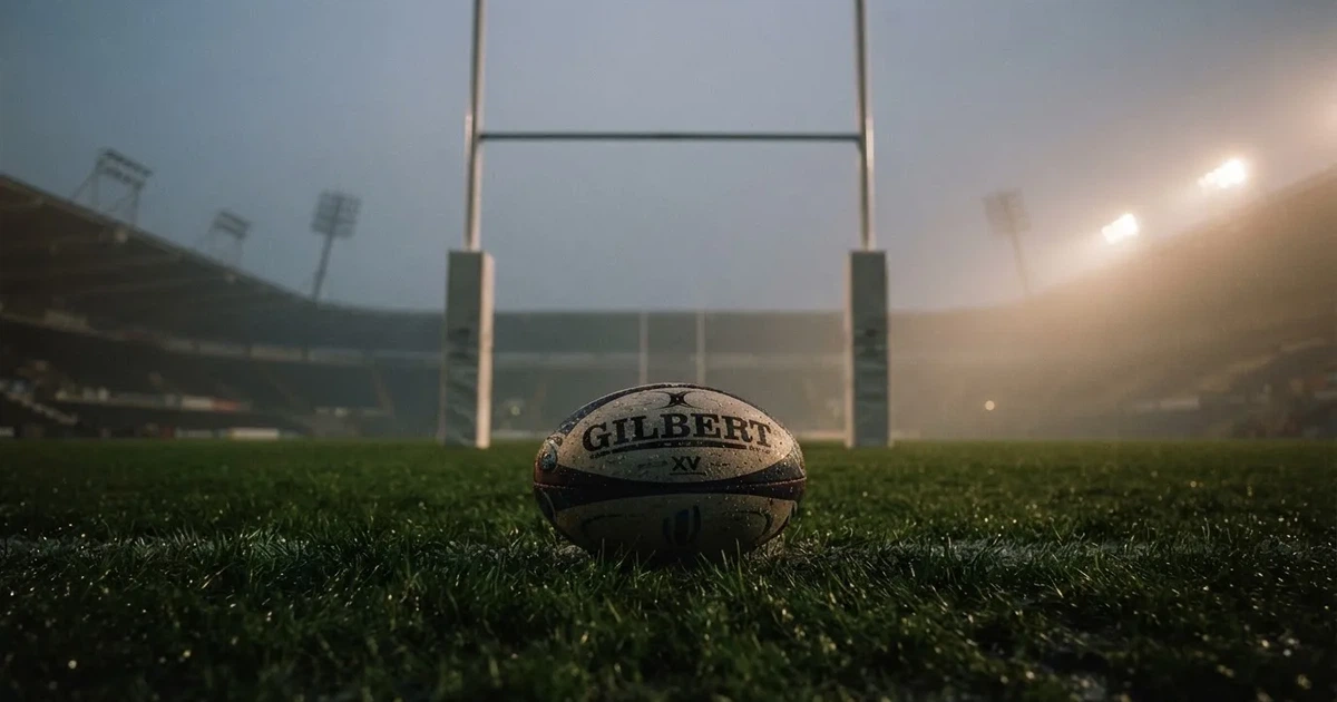 Ein ovaler Rugbyball liegt vor den hohen Torstangen auf nassem Rasen, über dem Stadion zieht Nebel auf.