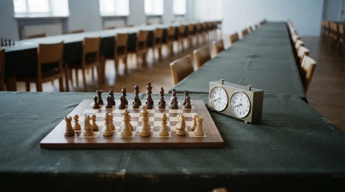 Ein Schachbrett und eine Schachuhr stehen auf einem Tisch in einem leeren Turniersaal, die Stühle sind ordentlich zurückgeschoben.