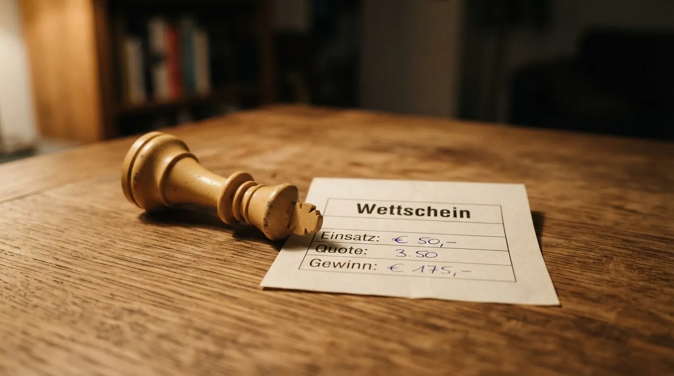 Ein leerer Wettschein aus Papier liegt neben einem umgekippten weißen Schachkönig auf einem Holztisch.