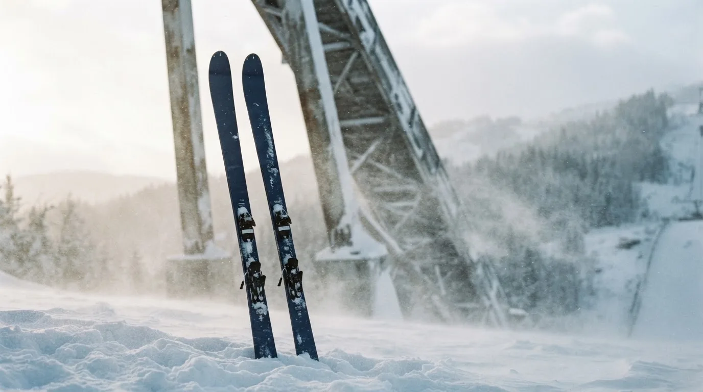 Ein Paar Skier steckt aufrecht im Schnee neben einem Anlaufturm, im Hintergrund wirbelt feiner Schnee im Wind.