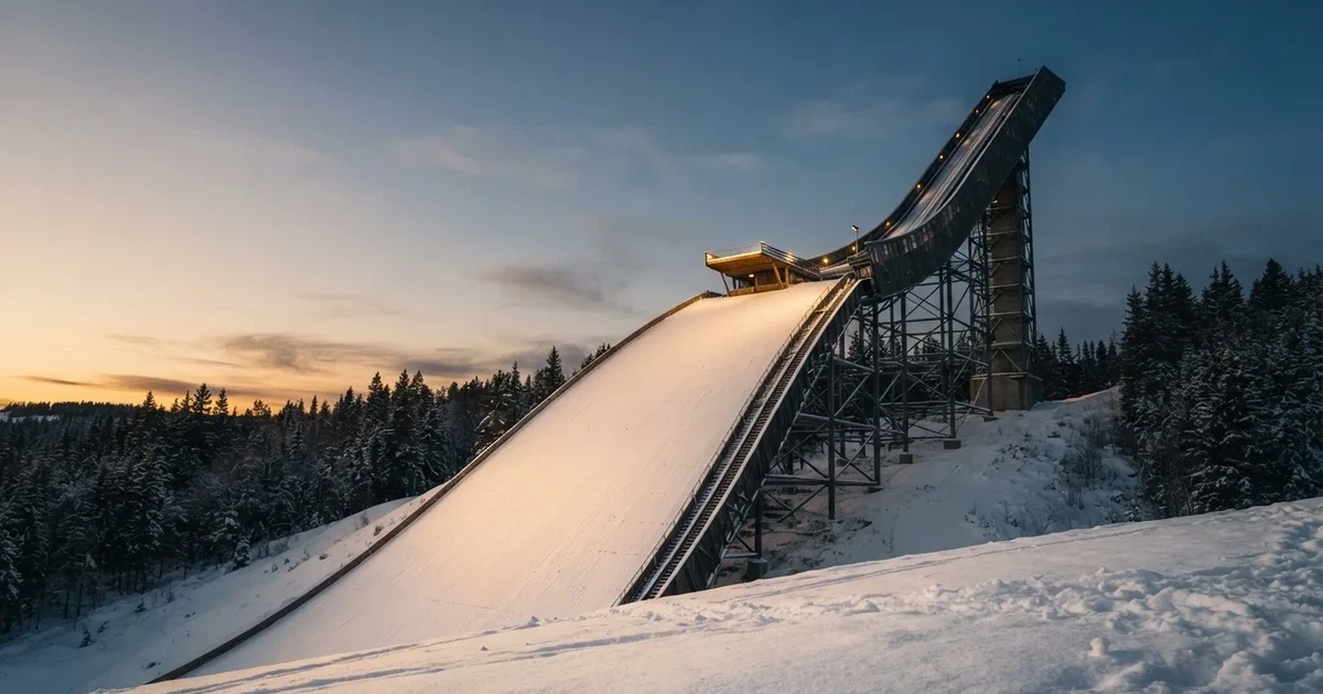 Eine Skisprungschanze im Schnee, von unten gesehen, vor einem klaren Winterhimmel in der Dämmerung, ohne Menschen.