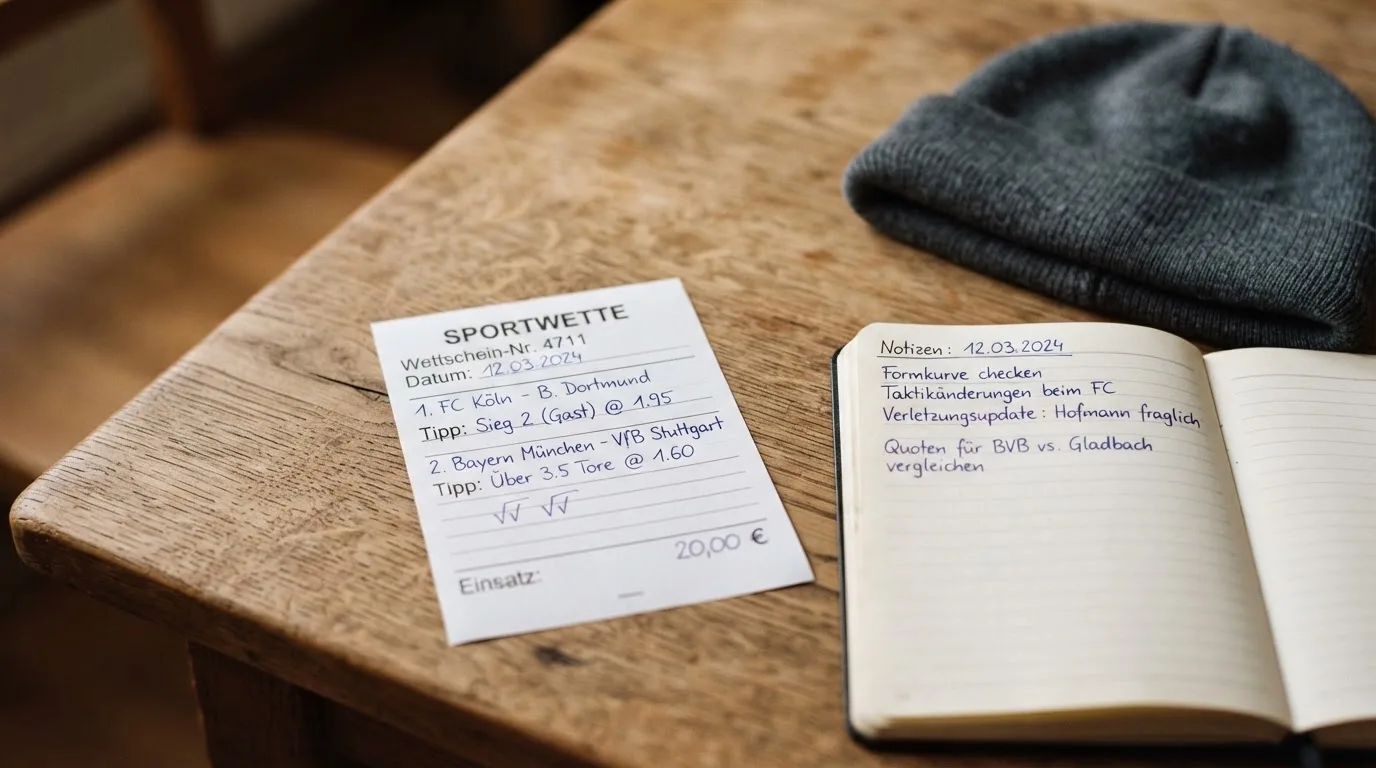 Ein leerer Wettschein aus Papier und ein Notizbuch liegen neben einer Wollmütze auf einem Holztisch.