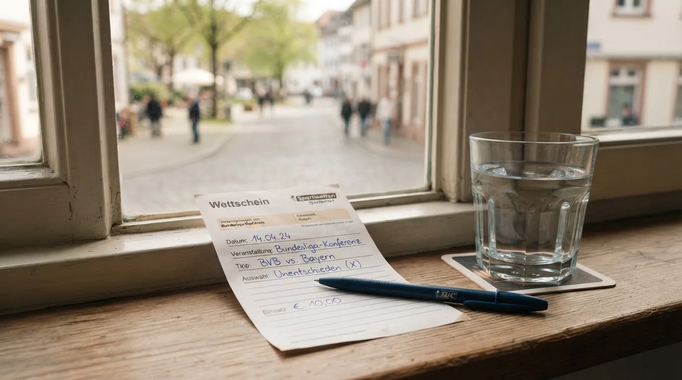 Ein leerer Wettschein aus Papier und ein Kugelschreiber liegen neben einem Glas Wasser auf einer Fensterbank.