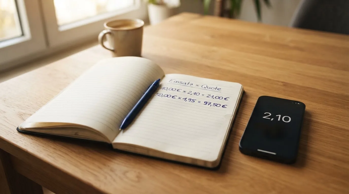 Ein aufgeschlagenes Notizbuch mit handschriftlichen Rechnungen liegt neben Stift und Smartphone auf einem Holztisch im Tageslicht.
