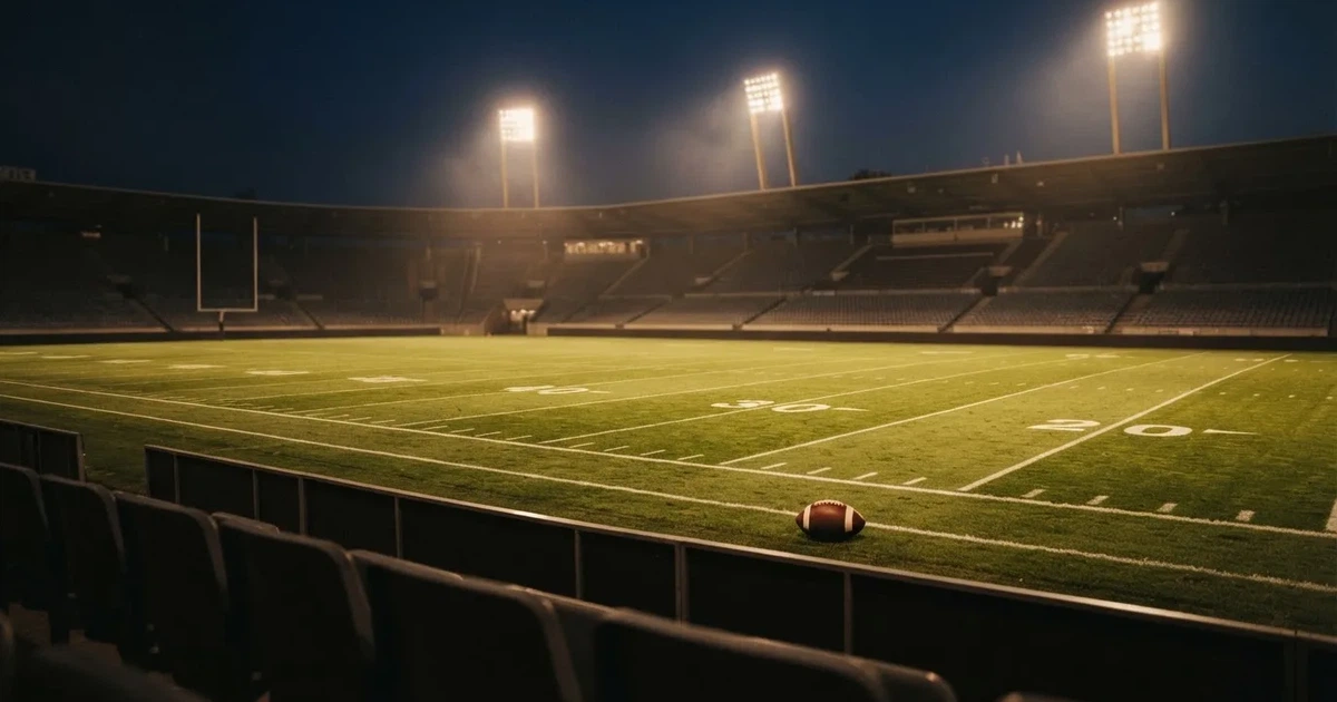 Ein Footballstadion bei Flutlicht aus der Ferne gesehen, davor ein leerer Rasen mit Yard-Linien und ein ovaler Ball am Spielfeldrand.