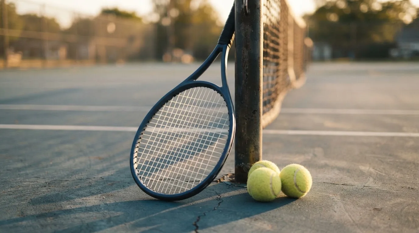 Ein Tennisschläger lehnt an einem Netzpfosten, daneben liegen drei Bälle auf einem Hartplatz in warmem Nachmittagslicht.