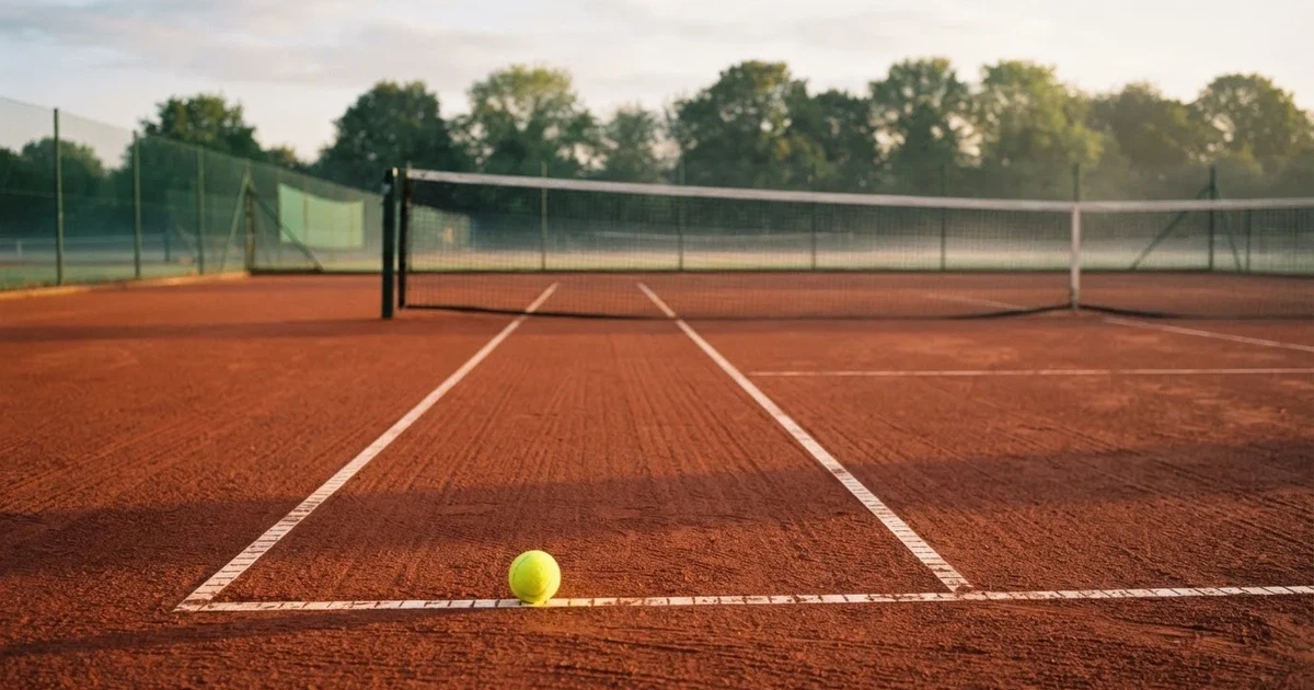 Ein Sandplatz am frühen Morgen mit frisch gezogenen Linien, einem Netz in der Mitte und einem gelben Ball auf der Grundlinie.