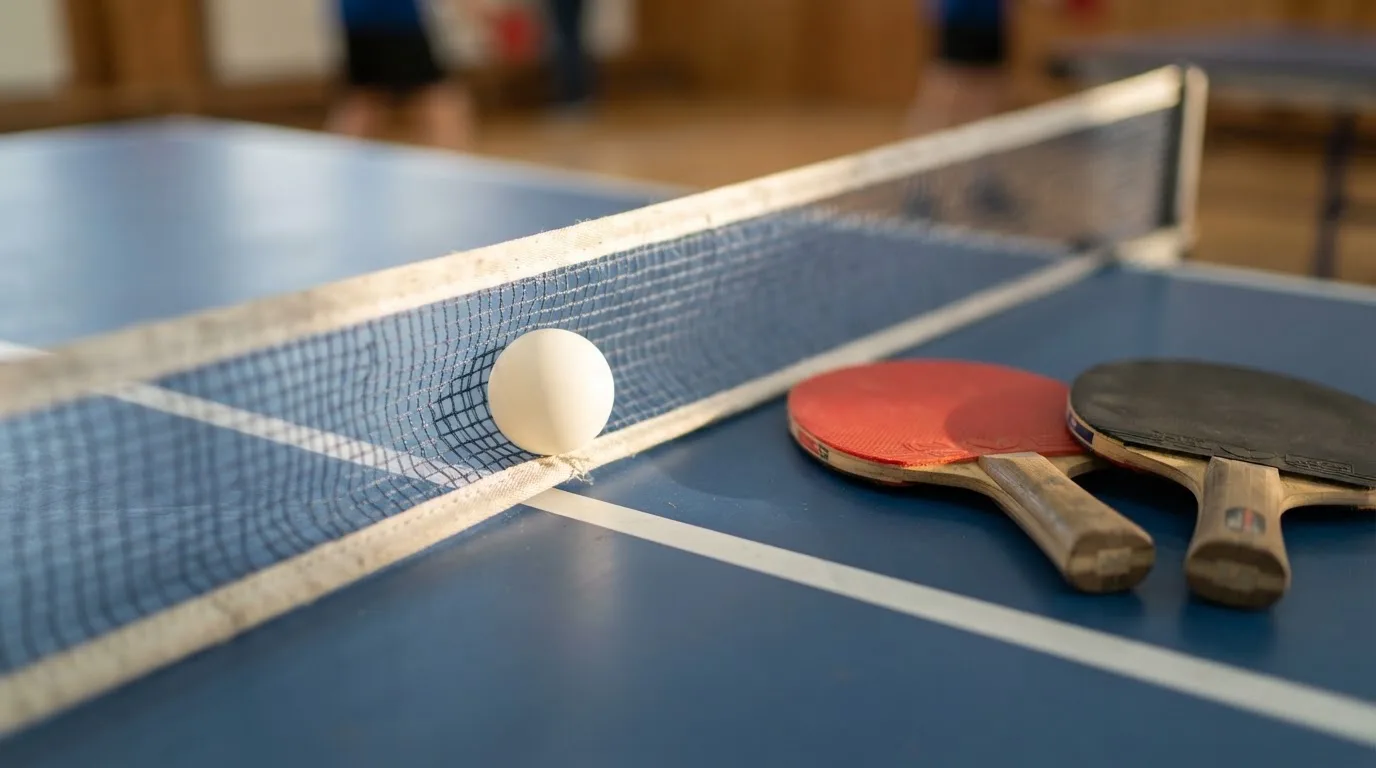 Ein weißer Ball liegt in Nahaufnahme auf der Netzkante einer Tischtennisplatte, daneben zwei Holzschläger mit rotem und schwarzem Belag.