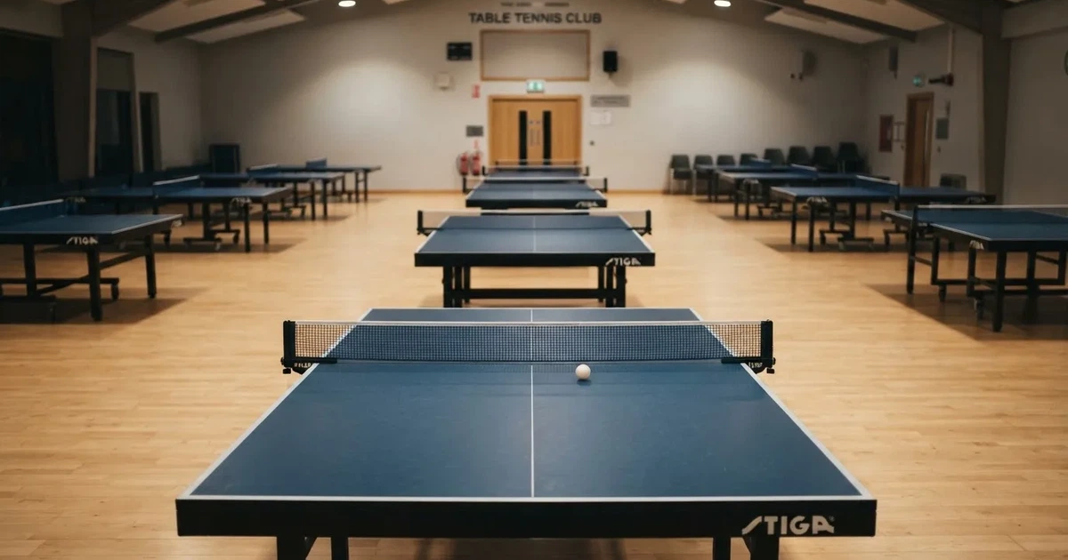 Eine Tischtennishalle aus erhöhter Perspektive mit mehreren blauen Tischen in Reihen unter gedämpftem Hallenlicht, ohne Personen.