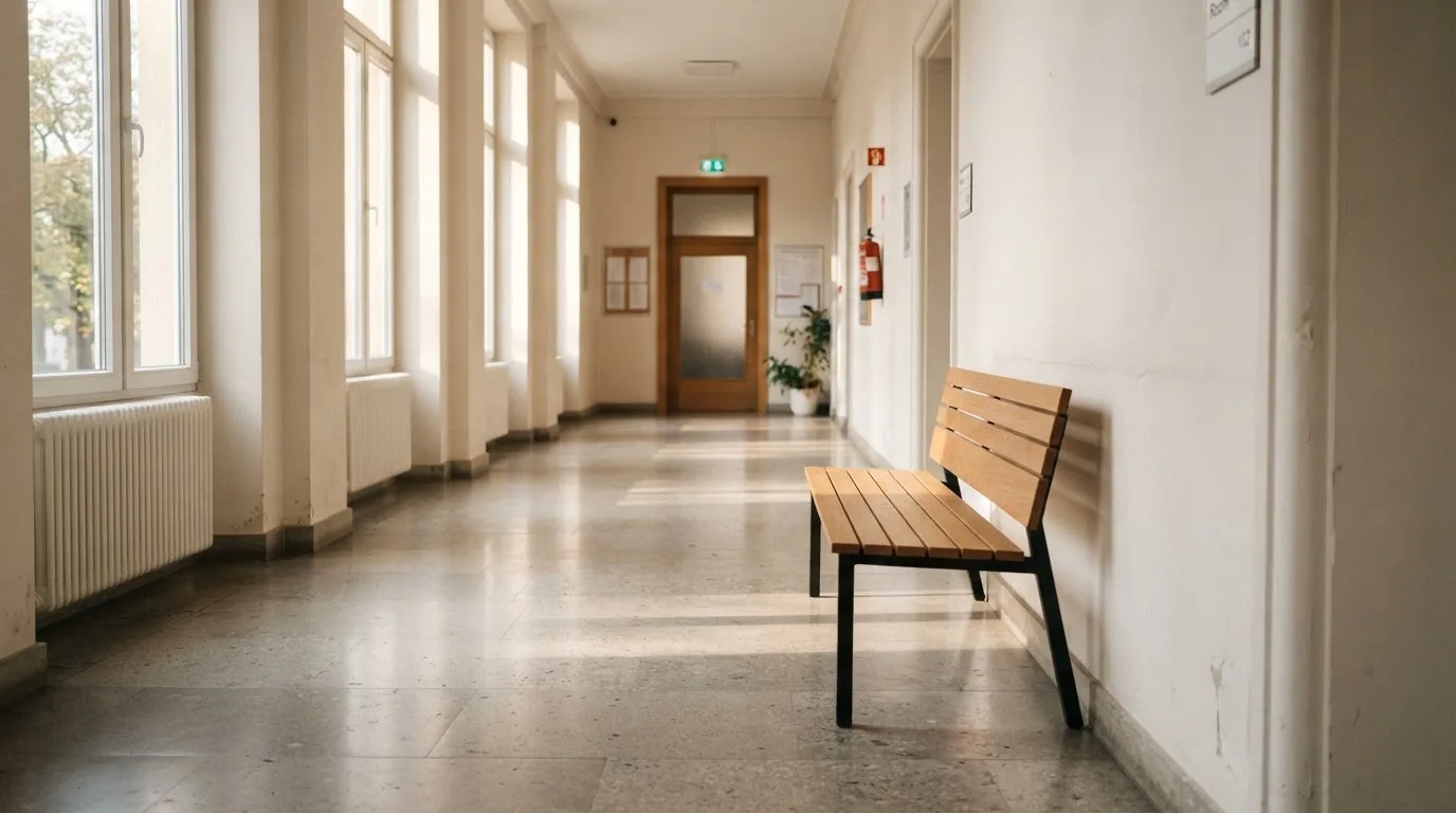 Ein heller Flur in einem Verwaltungsgebäude mit einer leeren Holzbank und einem Fenster, durch das Morgenlicht fällt.