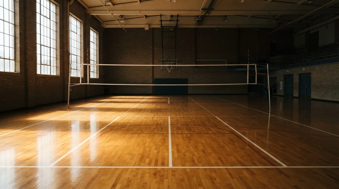 Eine leere Sporthalle mit gespanntem Volleyballnetz und glänzendem Parkett, durch hohe Fenster fällt Tageslicht.