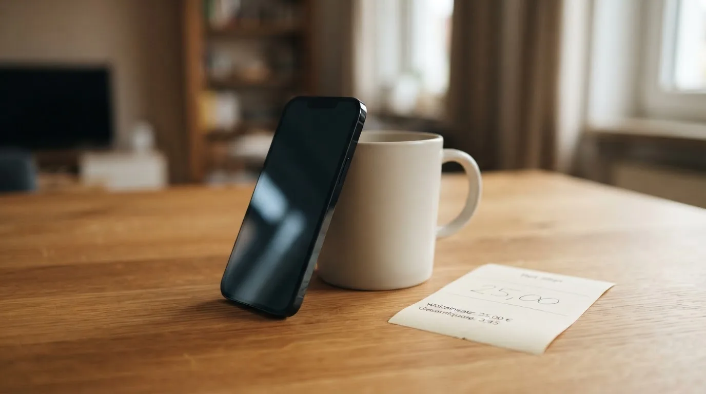 Ein Smartphone mit dunklem Bildschirm lehnt an einer Kaffeetasse auf einem Holztisch, daneben ein blanker Papier-Wettschein.