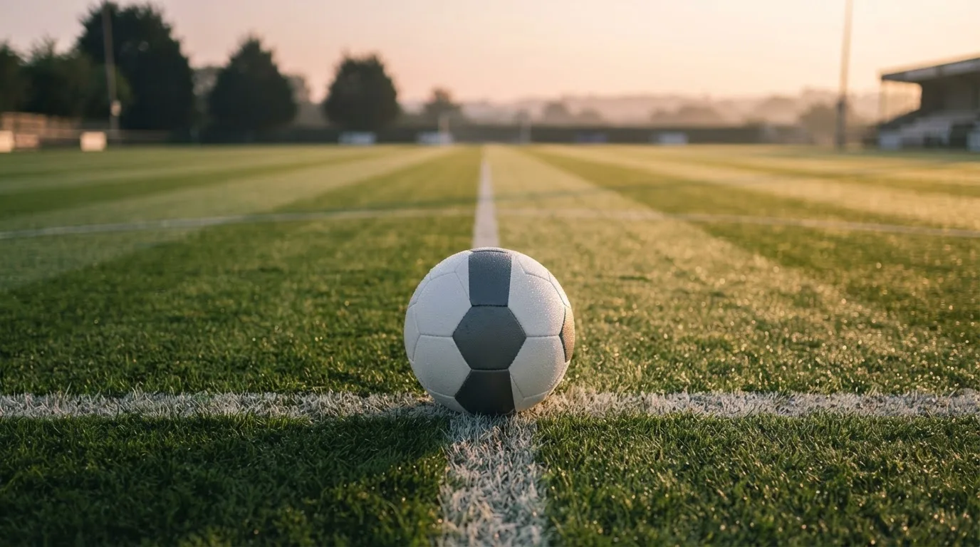 Ein Fußball liegt auf dem Anstoßpunkt eines Rasenplatzes im ersten Morgenlicht, Tau glänzt auf dem Gras.