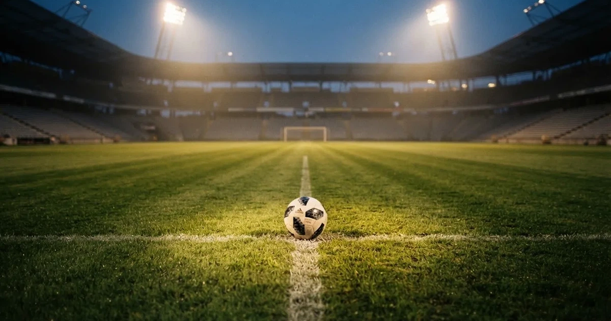 Ein Rasenplatz in der Dämmerung mit eingeschalteten Flutlichtmasten, ein Ball liegt am Anstoßpunkt, die Tribünen im Hintergrund sind unscharf.
