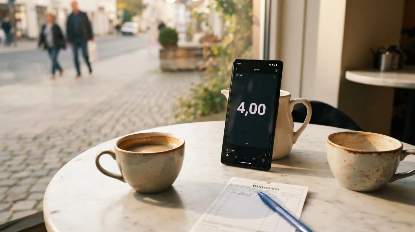Zwei Kaffeetassen und ein dunkles Smartphone stehen auf einem Café-Tisch am Fenster im Morgenlicht.