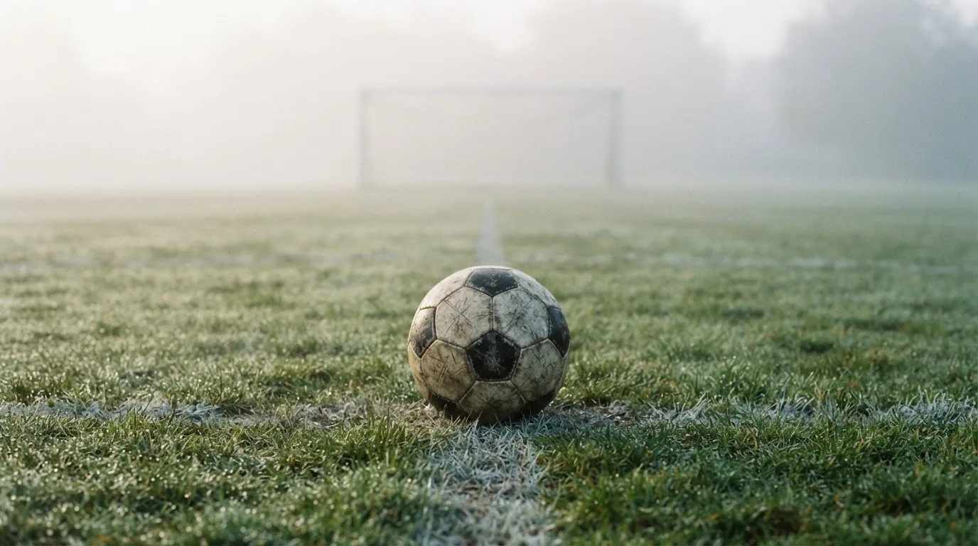 Ein abgewetzter Fußball liegt auf dem Anstoßkreis eines Naturrasens im Morgennebel.