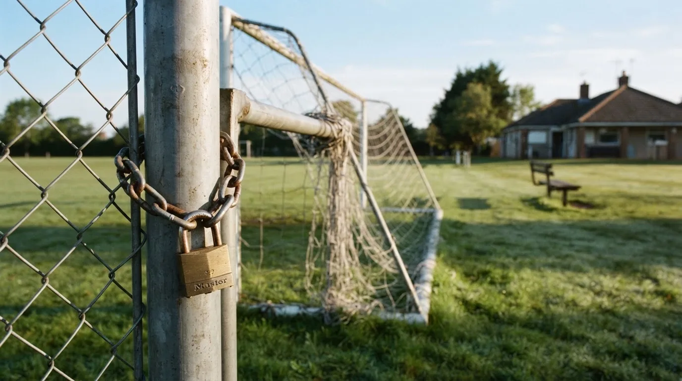 Ein geschlossenes Tor an einem Zaun mit Vorhängeschloss im Morgenlicht, dahinter ein einfacher Sportplatz.