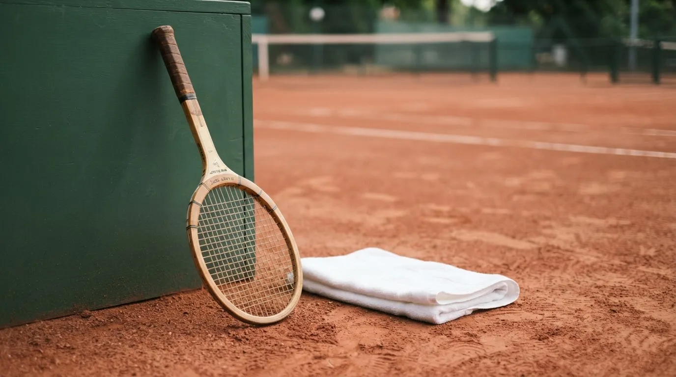 Ein Tennisschläger lehnt an einer dunkelgrünen Bande ohne Aufschrift auf einem Sandplatz, daneben liegt ein Handtuch.
