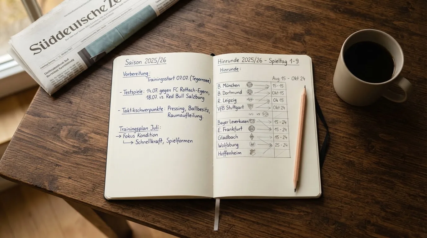 Ein aufgeschlagenes Notizbuch mit handschriftlichen Skizzen liegt neben einem Bleistift auf einem Holztisch, daneben eine Tasse Kaffee.