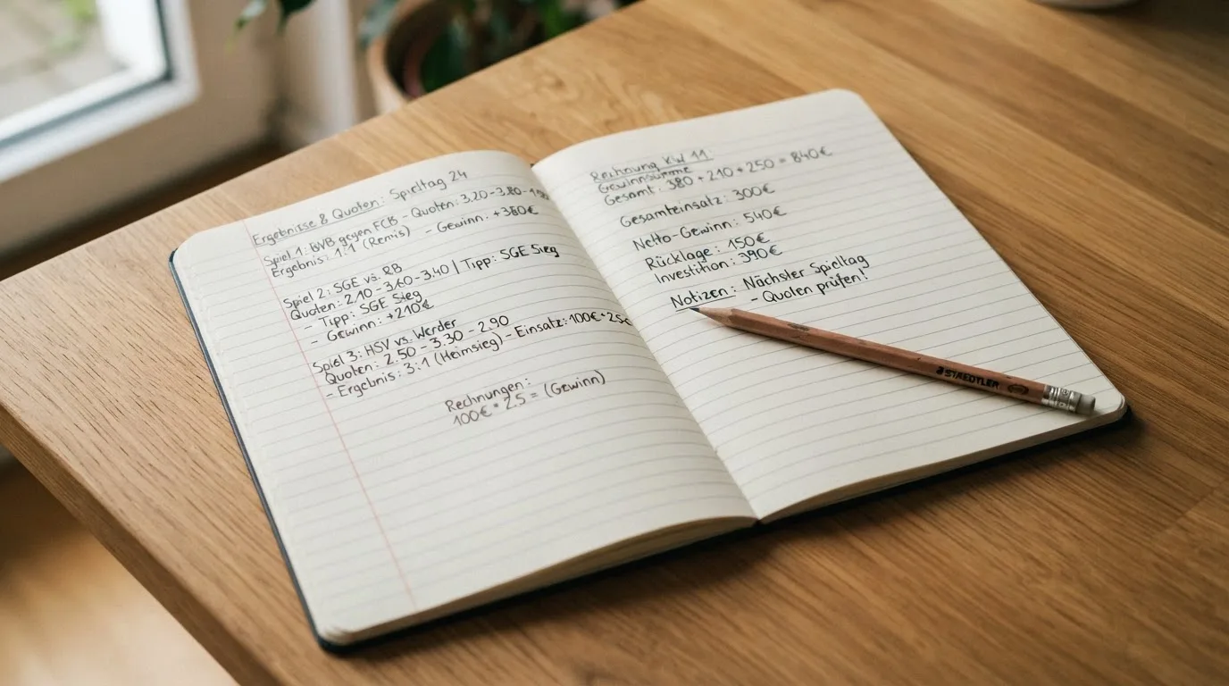 Ein Taschenrechner und ein Bleistift liegen auf einem Schreibtisch neben einem aufgeschlagenen Notizbuch mit handschriftlichen Zahlenreihen.