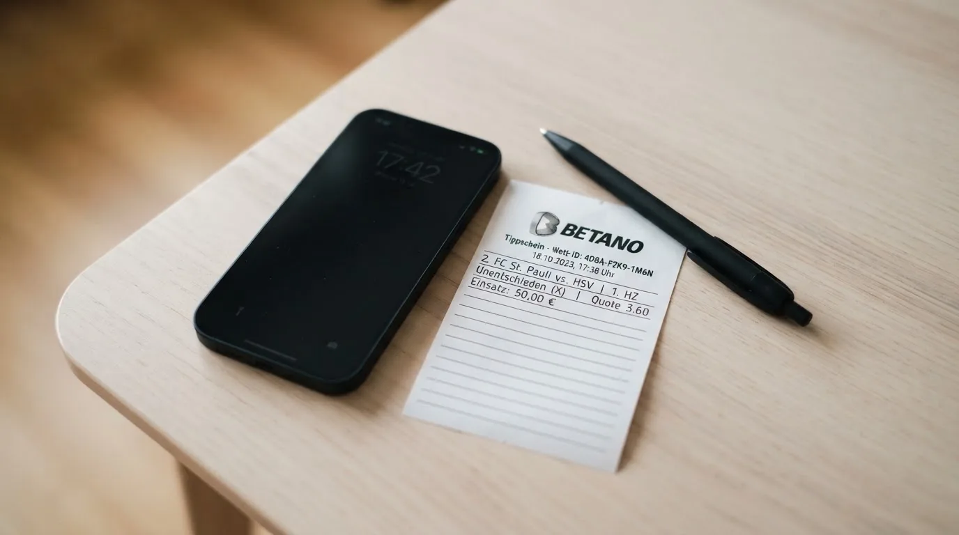 Ein leerer Papier-Wettschein liegt neben einem Smartphone mit dunklem Display auf einer hellen Tischplatte, daneben ein Kugelschreiber.